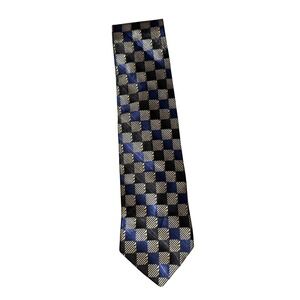 Stafford Mens Geometric Check Necktie Blue Black Silver Pattern Formal